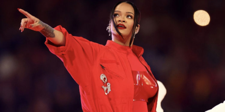 Rihanna performing at the Super Bowl LVII Halftime Show