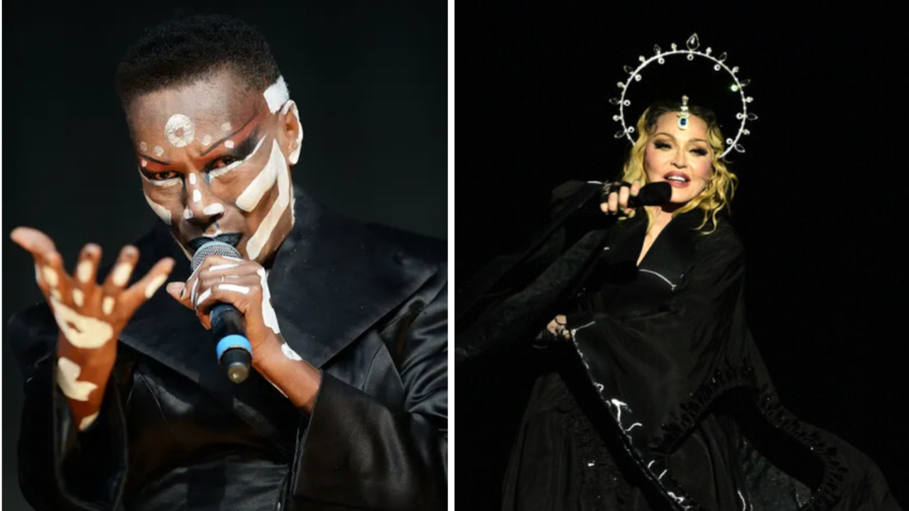 Grace Jones by DAVE J HOGAN VIA GETTY IMAGES andPop star Madonna, performing Saturday night at a massive free concert at Copacabana Beach in Rio de Janeiro, Brazil. Pablo Porciuncula/AFP via Getty Images