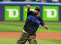 Shaggy throws first pitch ahead of Yankees’ win against the Blue Jays in Toronto on Friday.