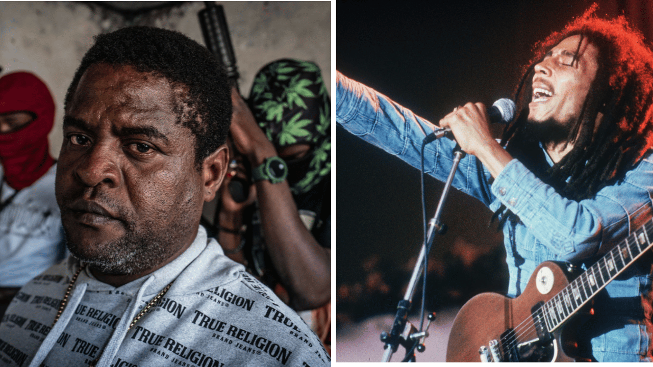 Haitian warlord Jimmy Chérizier, also known as Barbecue (Babekyou), Bob Marley . Images via Getty/Giles Clarke