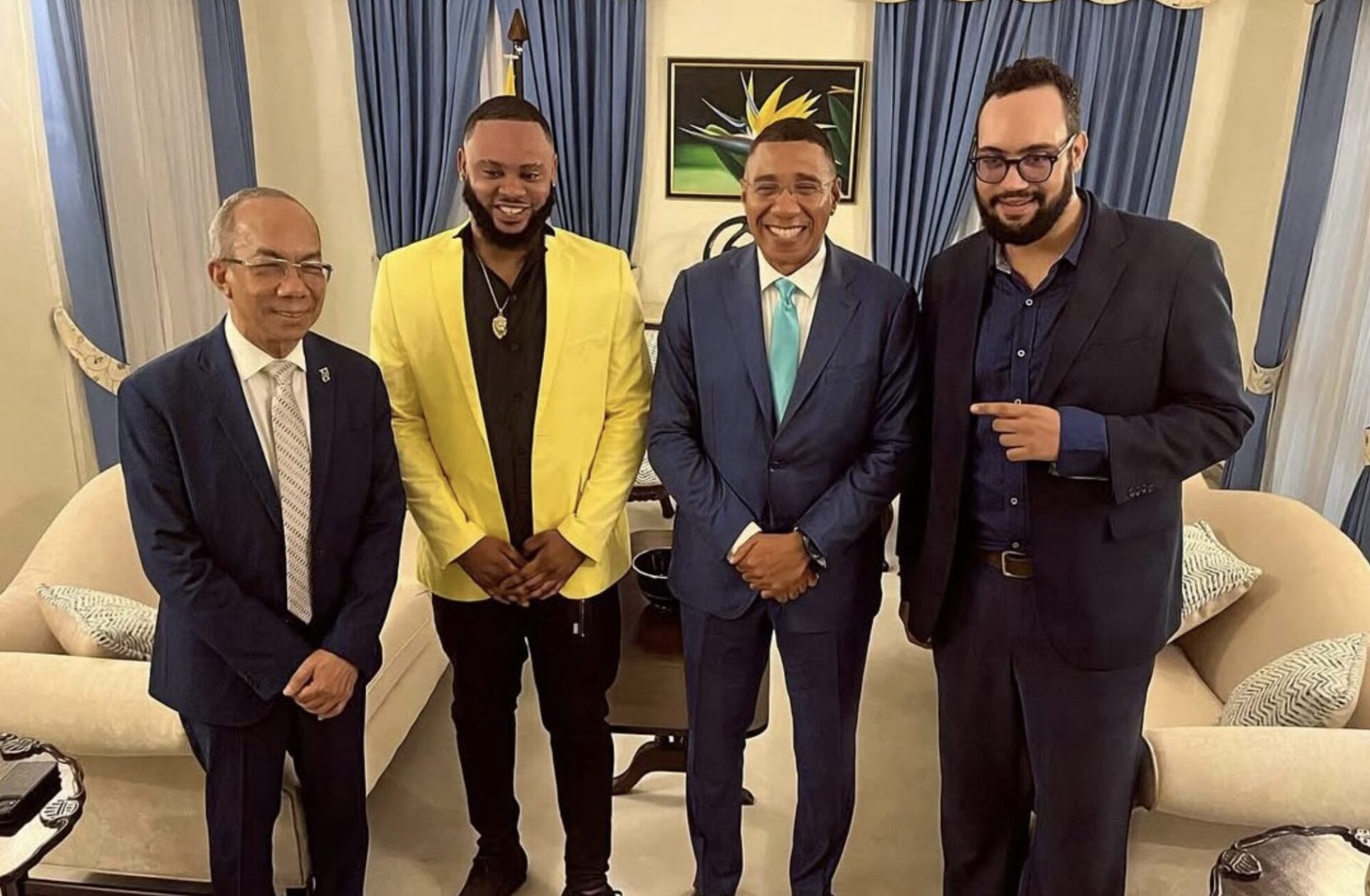 Minister of National Security Dr. Horance Change, content maker Bad Sekki, Prime Minister Andrew Holness and Ganja Clause at Jamaica House September 17, 2025