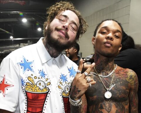 Post Malone and Swae Lee backstage during Day 2 of Bud Light Super Bowl Music Fest at State Farm Arena on Feb. 1, 2019 in Atlanta. KEVIN MAZUR/GETTY IMAGES FOR BUD LIGHT SUPER BOWL MUSIC FEST