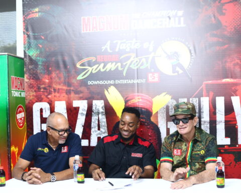 Robert Livinsgton, Reggae Sumfest Director, Pavel Smith, Marketing Manager for Magnum Tonic Wine, Joe Bogdanovich